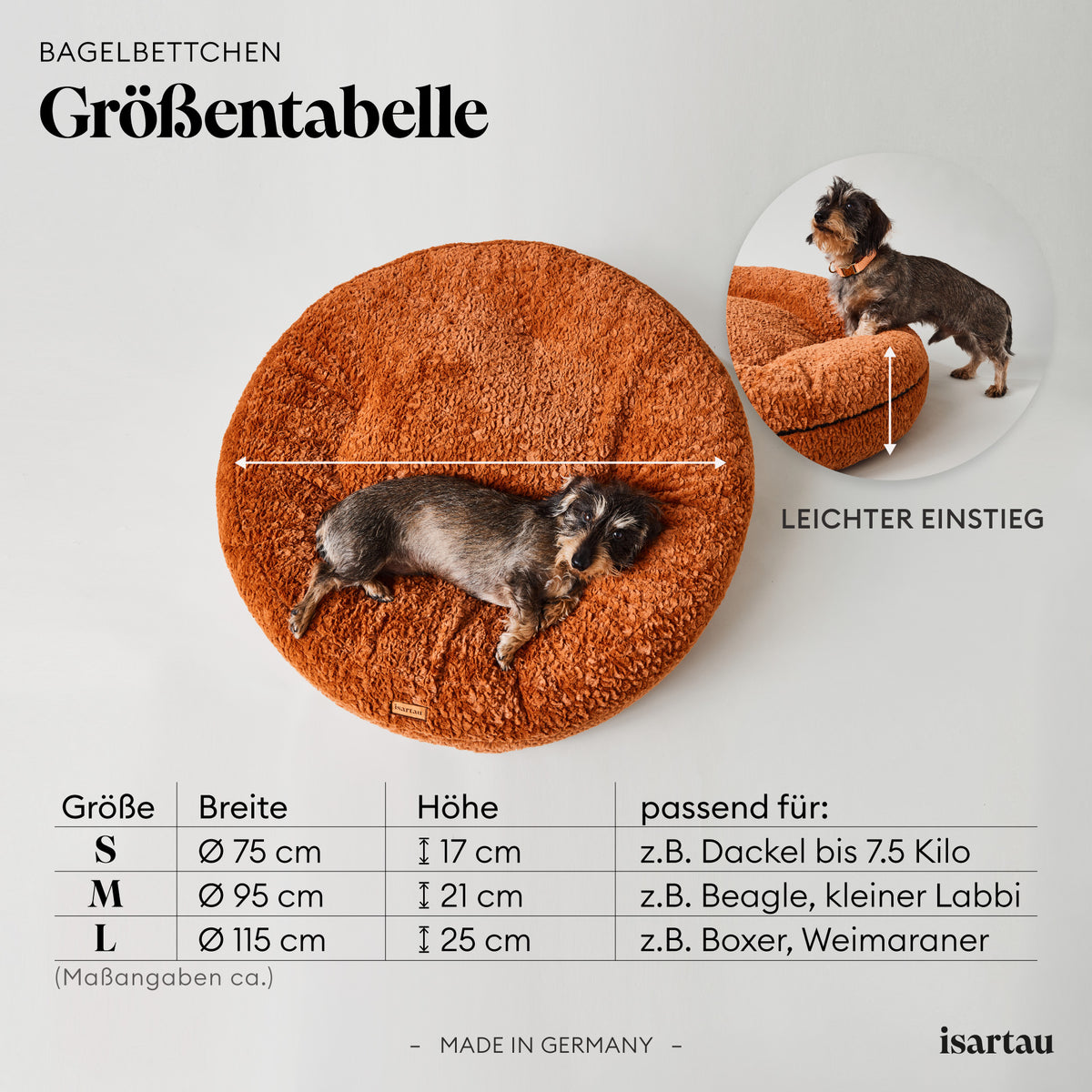 isartau Größentabelle für das runde Hundebett Bagelbettchen mit den Größen S, M und L