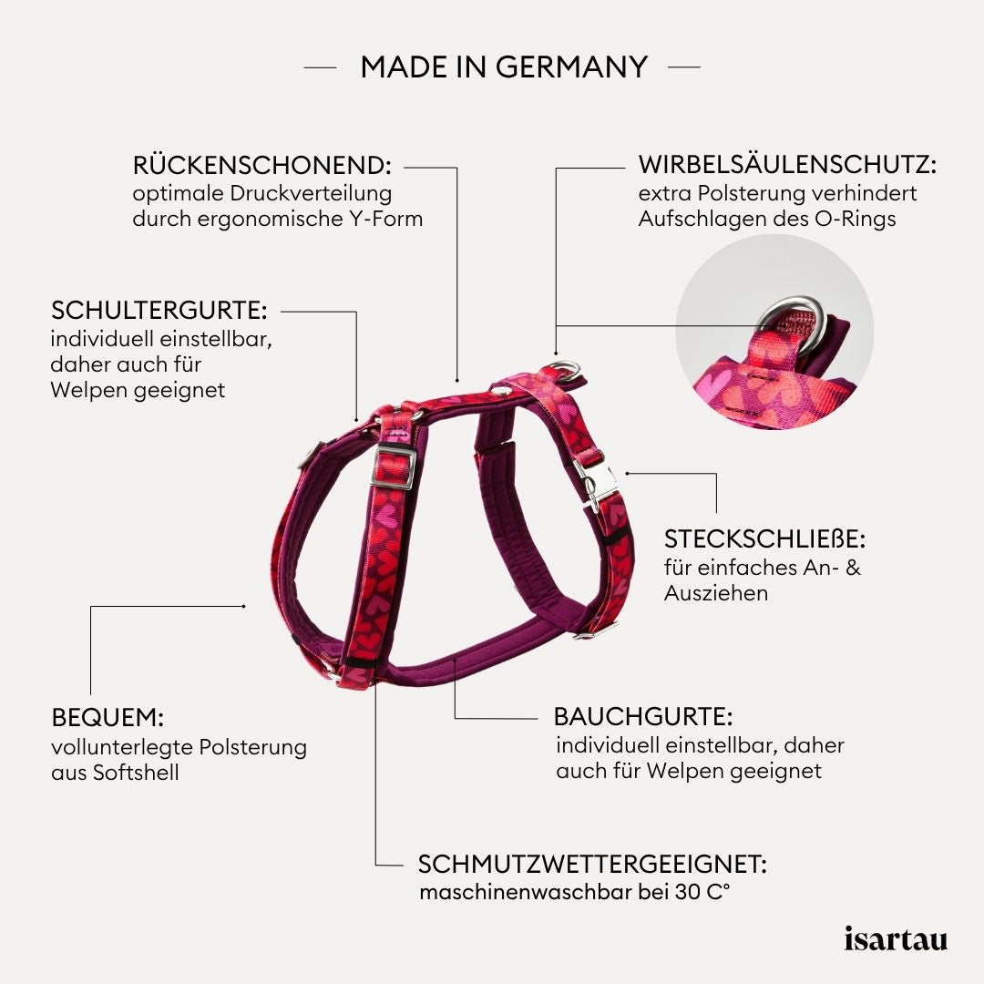 isartau Qualitätsmerkmale bei unserem Brustgeschirr im Design HERZKLOPFEN