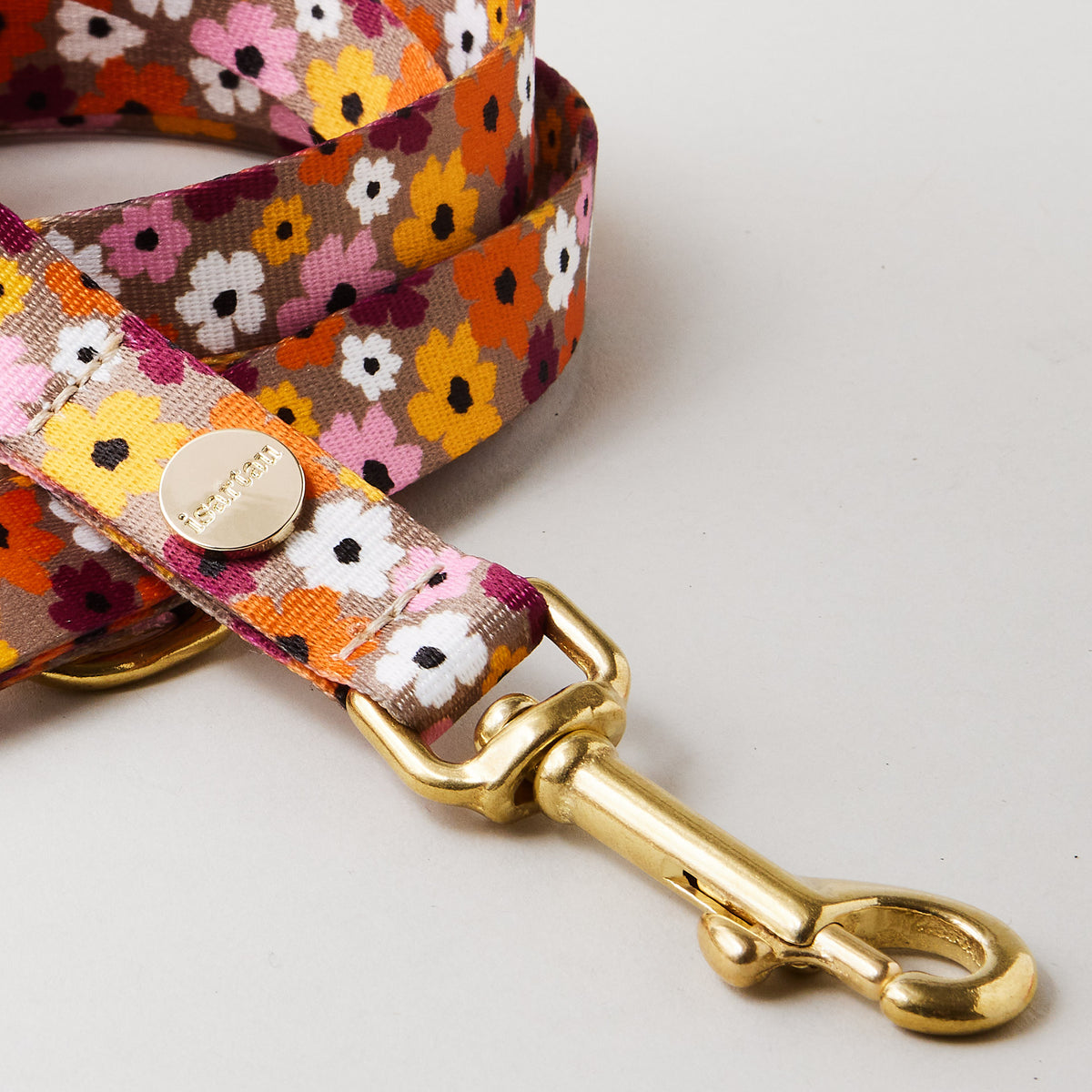 Detail verstellbare Hundeleine „Blumenmeer“, 15 und 20 mm breites Gurtband mit floralem Muster, goldfarbene Messingkarabiner.
