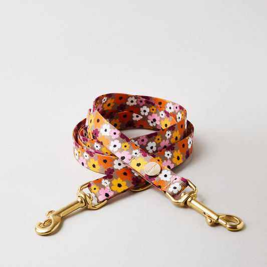 Verstellbare Hundeleine „Blumenmeer“, 15 und 20 mm breites Gurtband mit romantischem Blumenmotiv, goldfarbene Messingkarabiner.