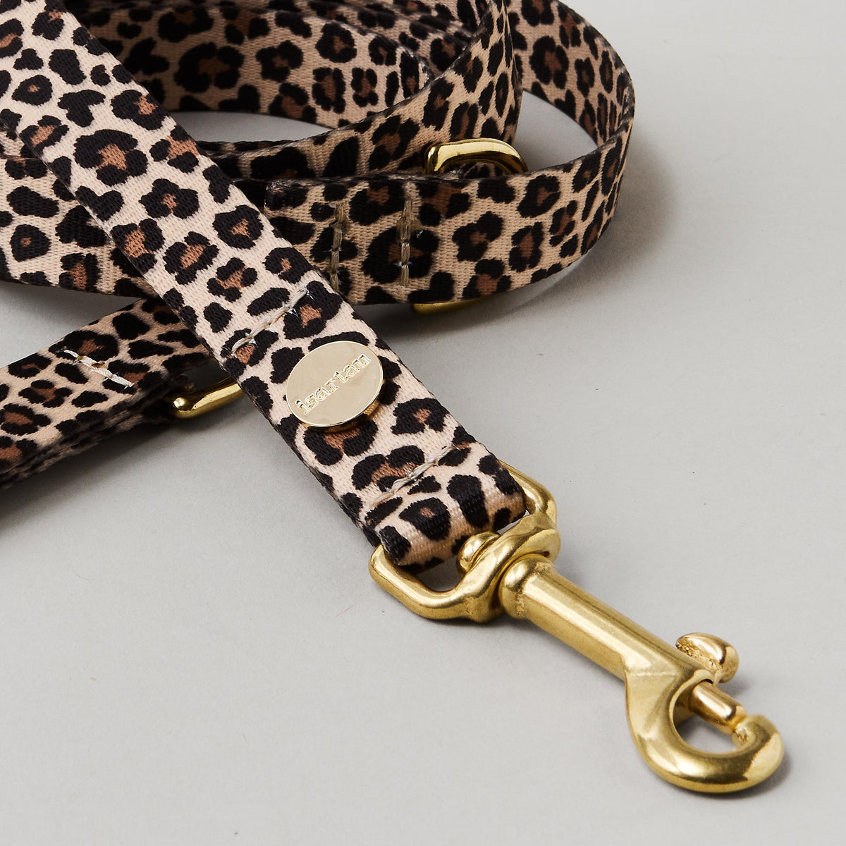 Detail verstellbare Hundeleine Leo 15 und 20 mm breites Gurtband mit Leoprint goldfarbene Karabiner