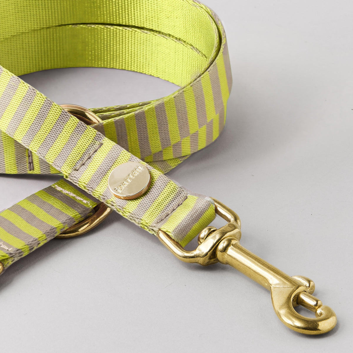 Detail verstellbare Hundeleine SUNNY, 15 und 20 mm breites Gurtband beige/limette gestreift, goldfarbene Karabiner