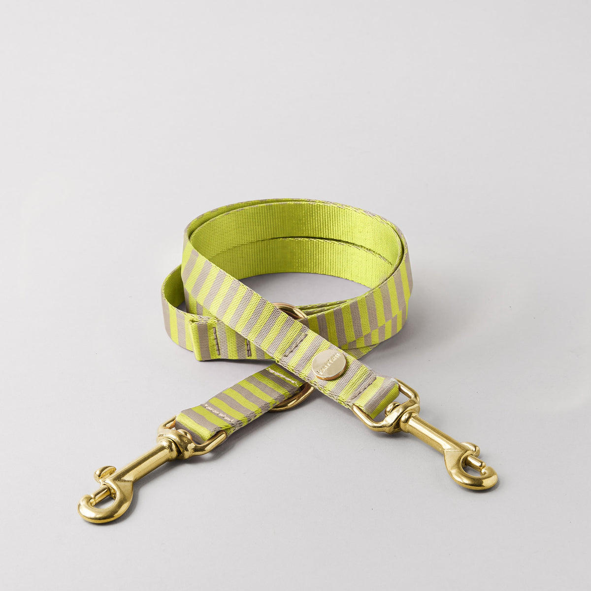 Verstellbare Hundeleine SUNNY, Gurtband beige/limette gestreift, goldfarbene Messingkarabiner Breite 15 und 20 mm