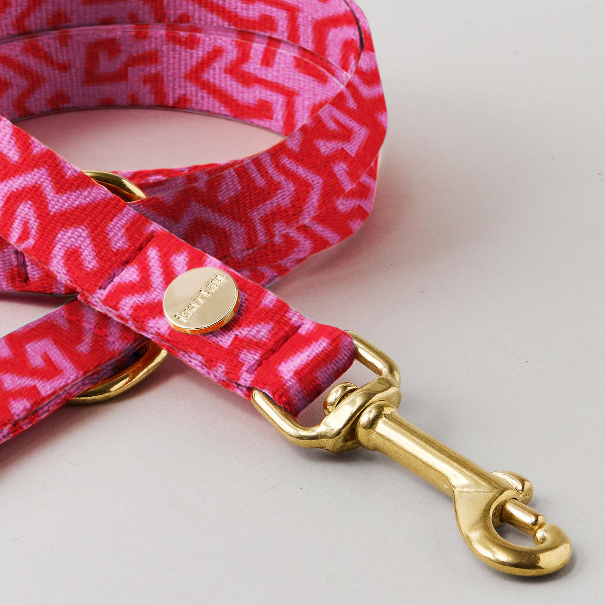 Detail verstellbare Hundeleine SWEETY, 15 und 20 mm breites Gurtband in pink-rotem Graffiti Design, goldfarbene Karabiner