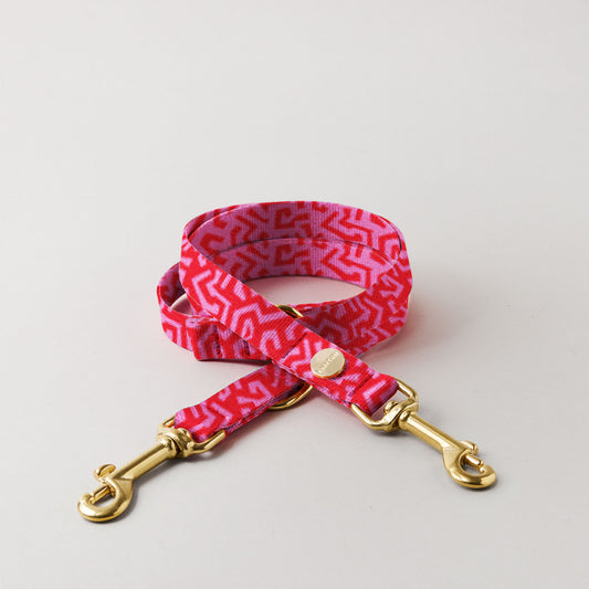 Verstellbare Hundeleine SWEETY, Gurtband in pink-rotem Graffiti Design, goldfarbene Messingkarabiner Breite 15 und 20 mm