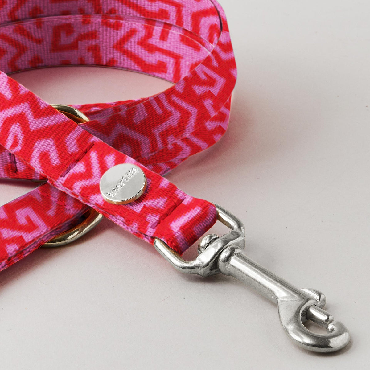 Detail verstellbare Hundeleine SWEETY, 15 und 20 mm breites Gurtband in pink-rotem Graffiti Design, goldfarbene Karabiner