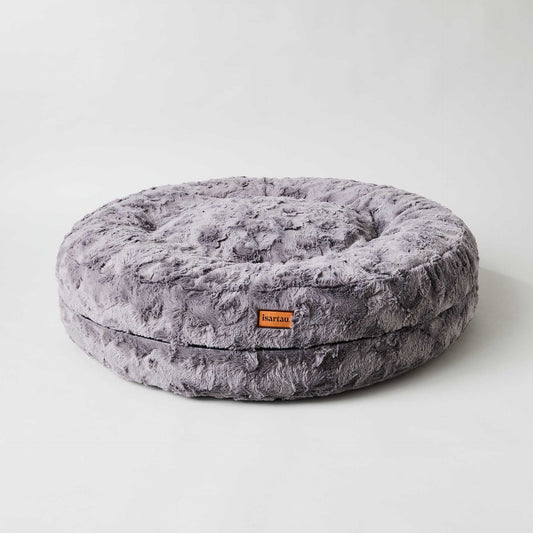 Rundes orthopädisches Hundebett Bagelbettchen aus kurzflorigem Kunstfell Grau