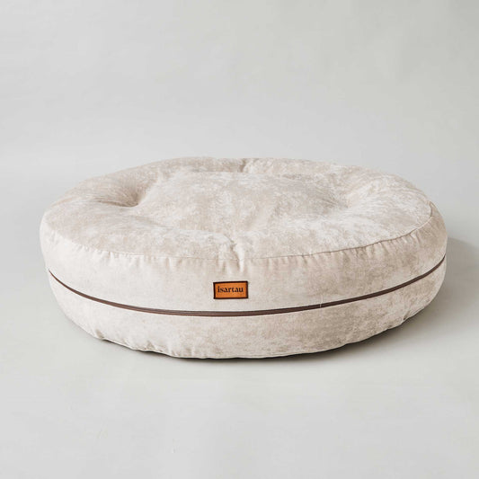 Rundes orthopädisches Hundebett Bagelbettchen aus Polsterstoff Velours Beige