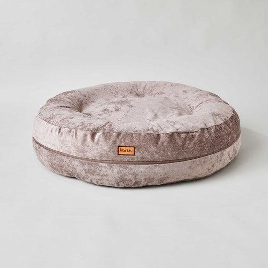 Rundes orthopädisches Hundebett Bagelbettchen aus Polsterstoff Velours Taupe