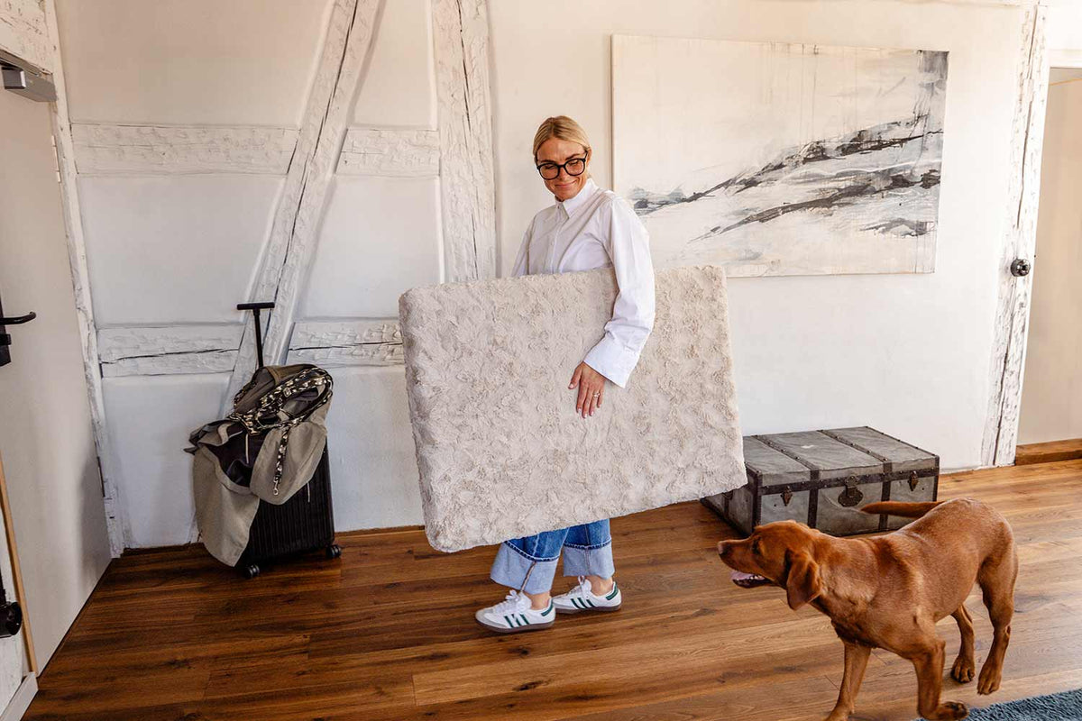 isartau Orthopädische Hundematte Ortho eckig im Hotelzimmer, Kunstfell Beige