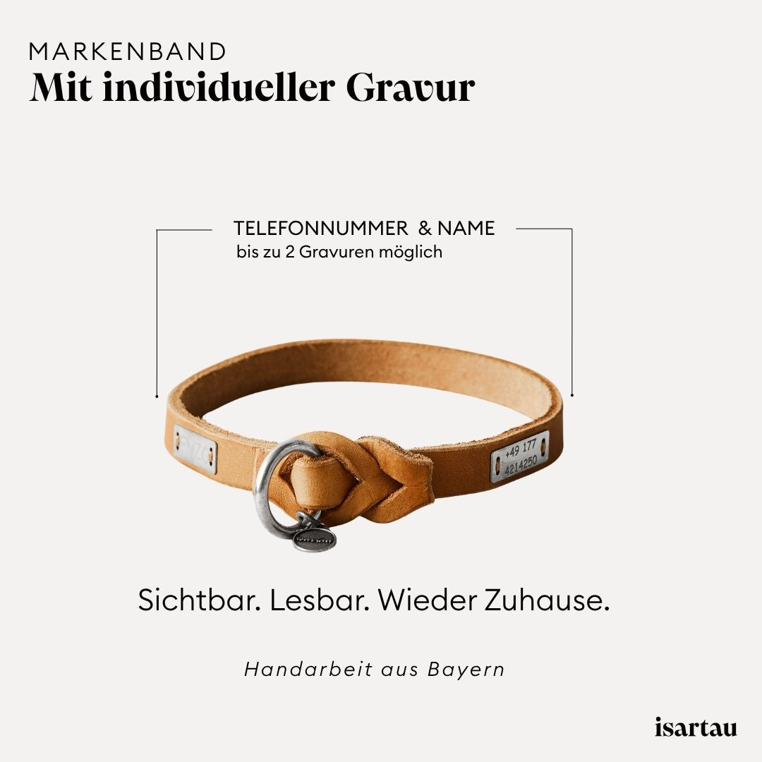 isartau Markenband aus Leder, Beispielgravur mit Name und Telefonnummer
