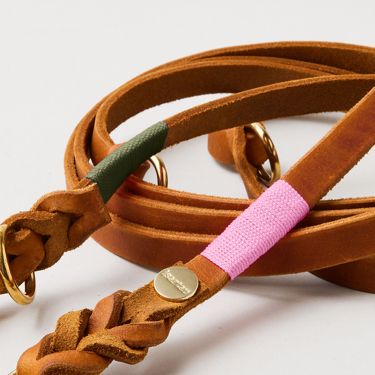 isartau Lederleine SPORTY in Cognac, Takelung Rose und Oliv