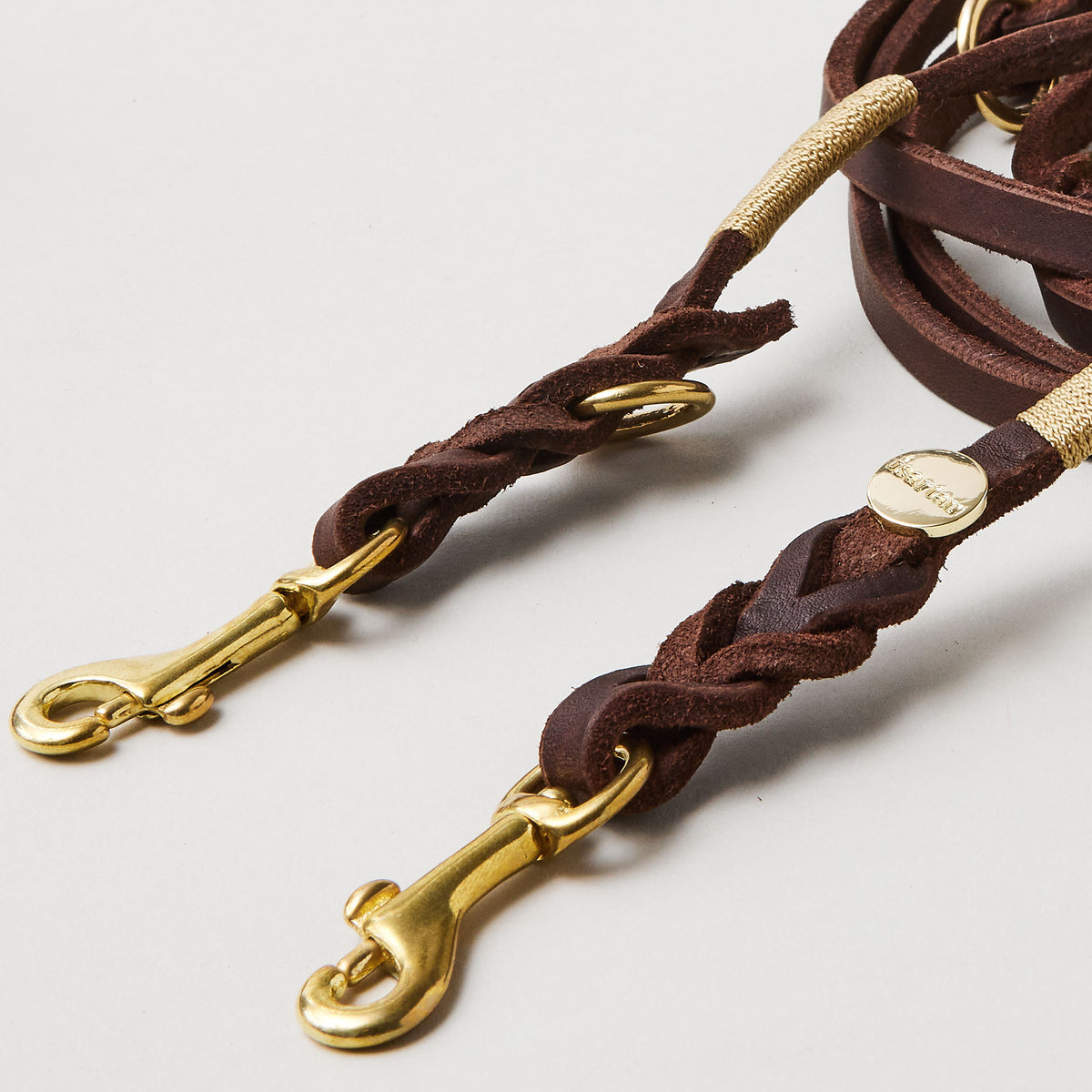 isartau Lederleine SPORTY in Dunkelbraun, Detailansicht, Lederbreite 10 mm, Messingbeschläge, Takelung Gold