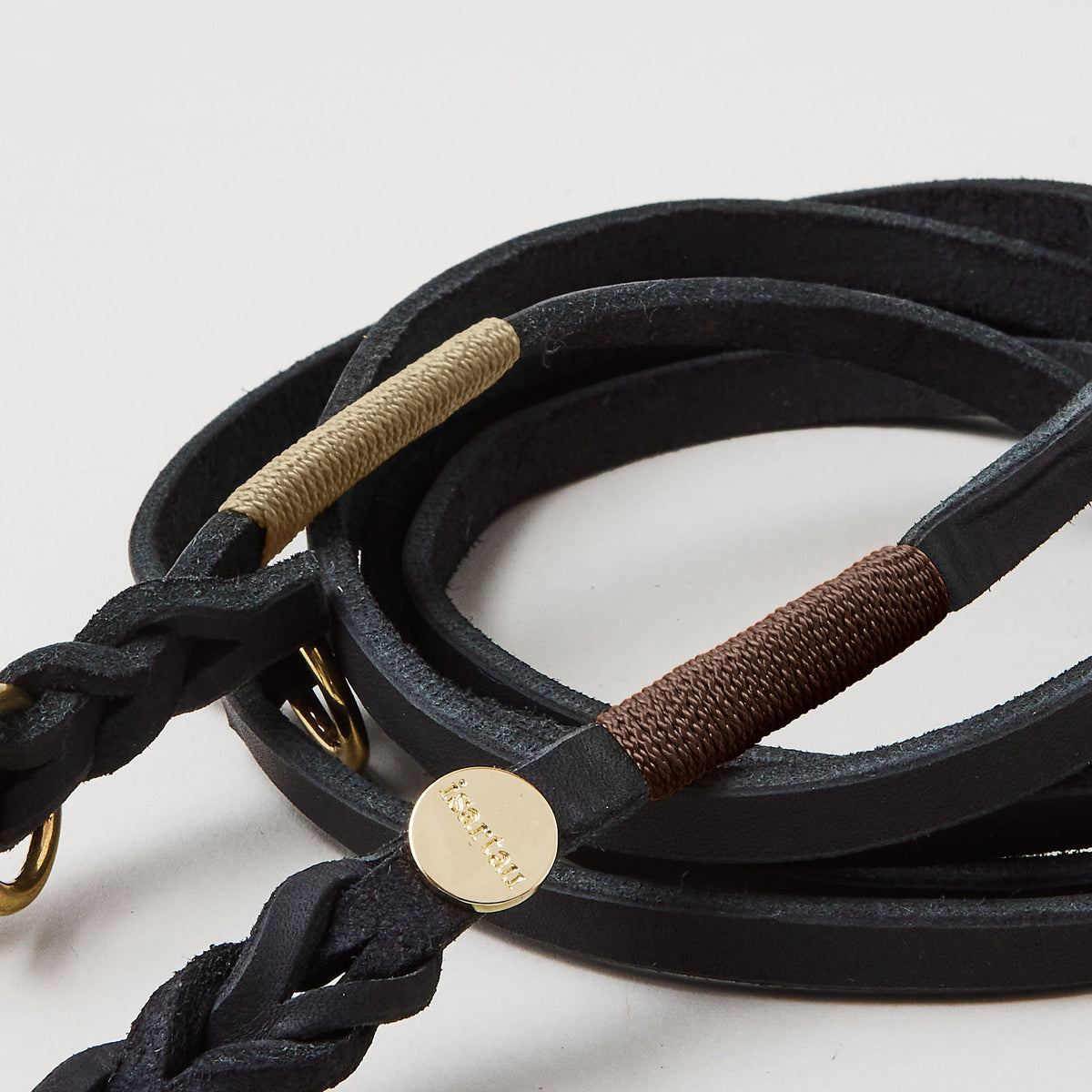 isartau Lederleine SPORTY in Schwarz, Takelung Dunkelbraun und Sand