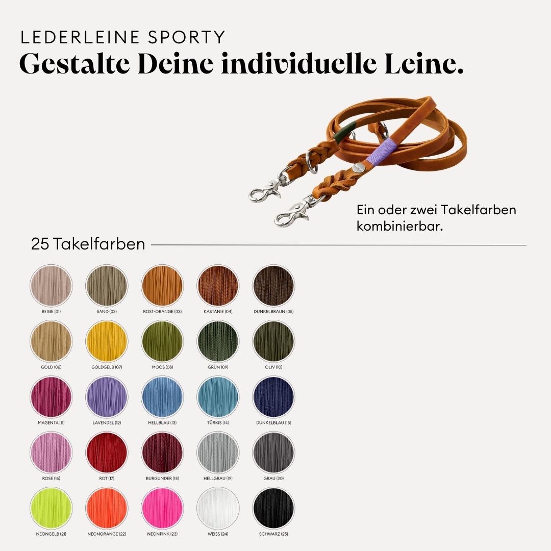 isartau Lederleine SPORTY, individualisiere Deine Leine, wähle aus 25 Takelfarben