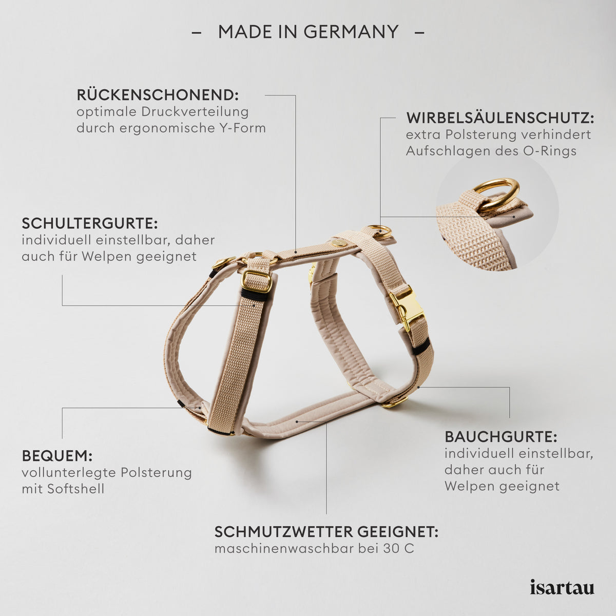 Goldfarbene verstellbare Schieber im Schulterbereich des beigen Hundegeschirrs.