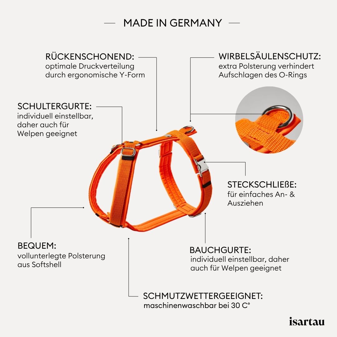 Goldfarbene verstellbare Schieber im Schulterbereich des neonorangen Hundegeschirrs