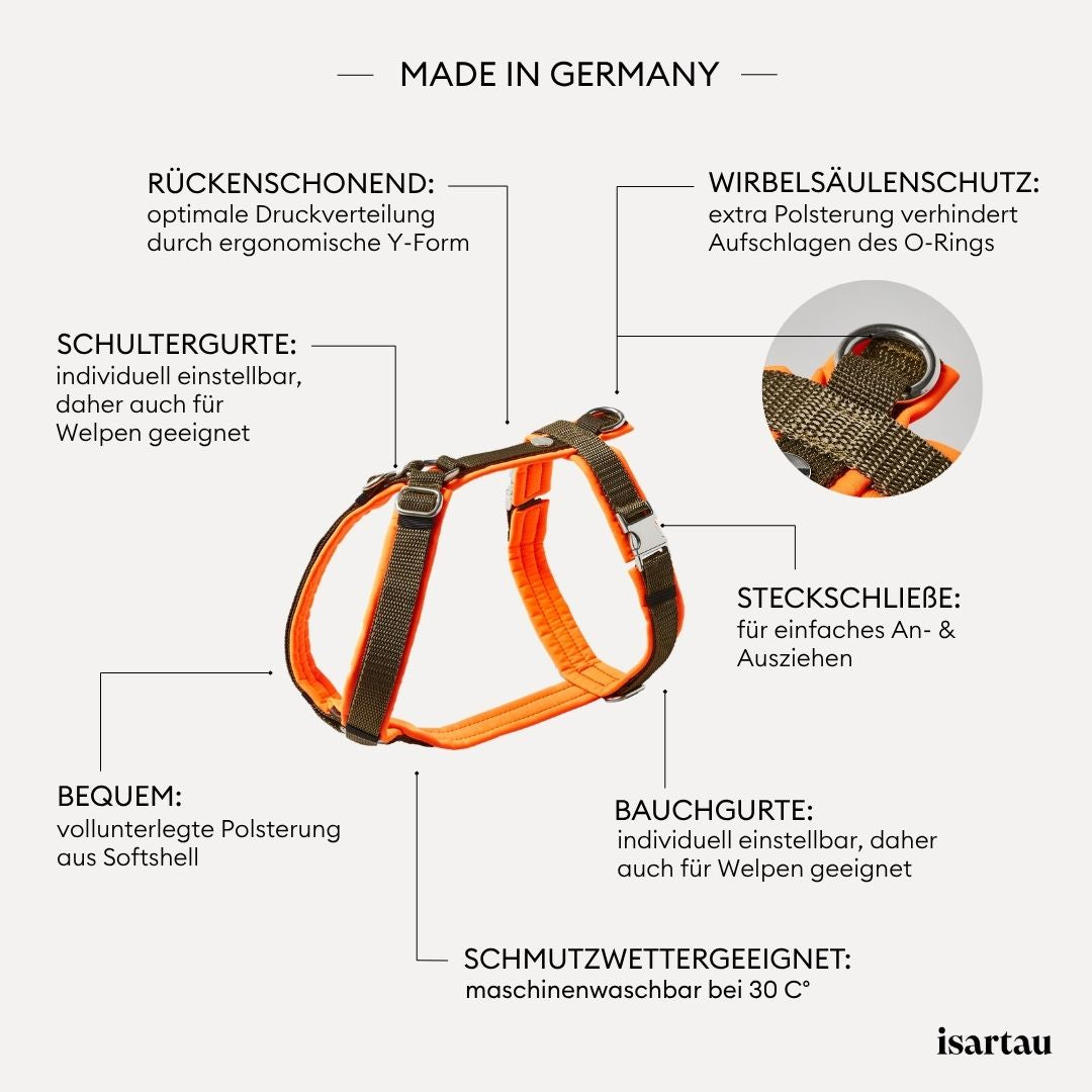 Goldfarbene verstellbare Schieber im Schulterbereich des zweifarbigen Hundegeschirrs Softie Neonorange Oliv mit olivfarbenem Gurtband und neonoranger Polsterung
