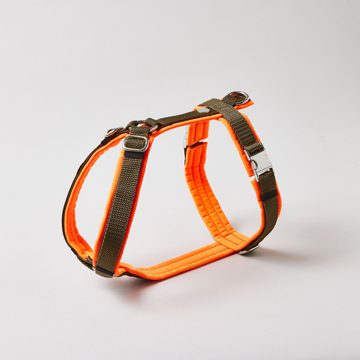 Verstellbares Hundegeschirr Softie Neonorange Oliv mit olivfarbenem Gurtband und vollunterlegter Polsterung aus neonorangem Softshell, silberfarbene Beschläge