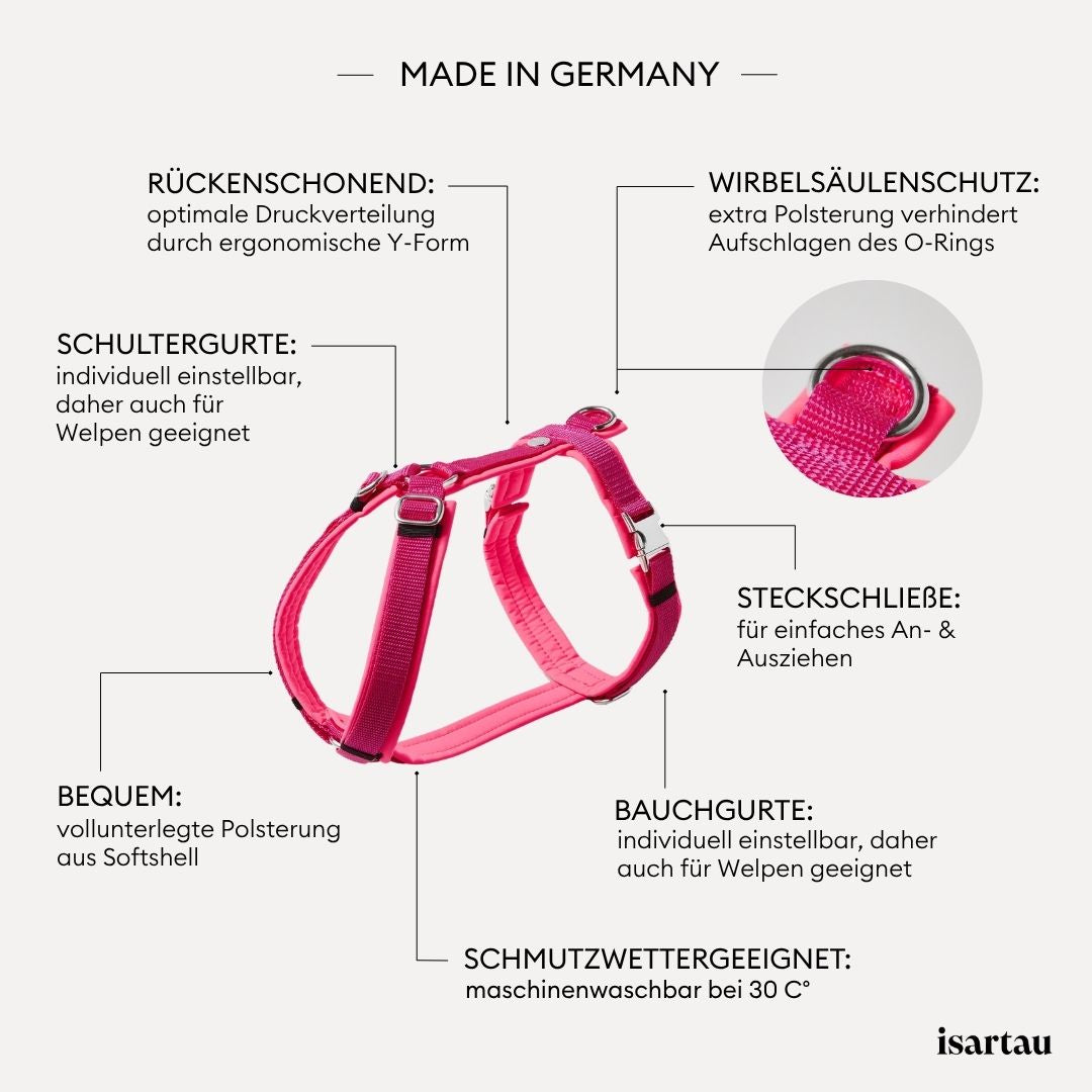Silberfarbene verstellbare Schieber im Schulterbereich des neonpinken Hundegeschirrs