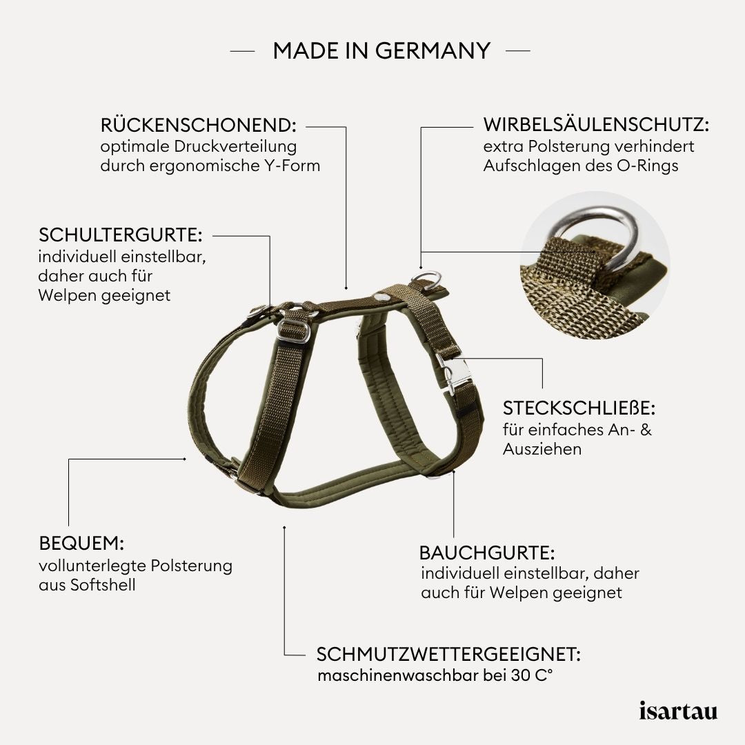 Goldfarbene verstellbare Schieber im Schulterbereich des olivfarbenen Hundegeschirrs