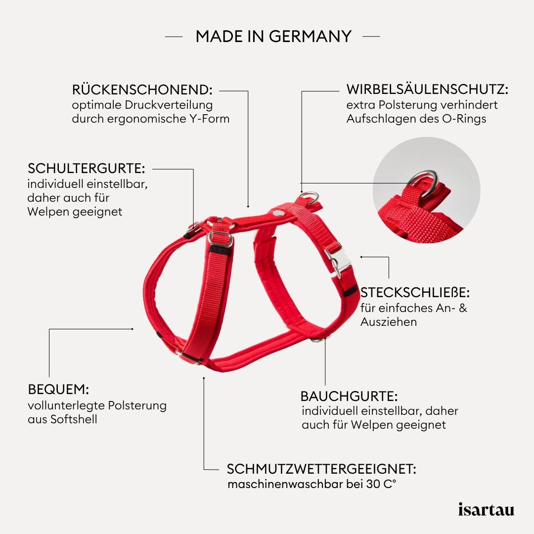 Silberfarbene verstellbare Schieber im Schulterbereich des roten Hundegeschirrs