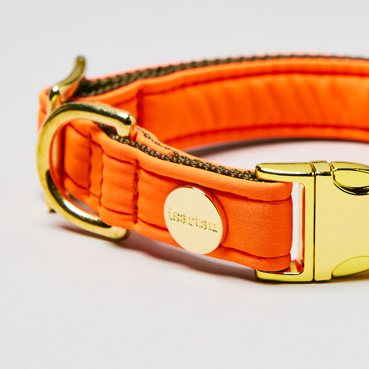 isartau Halsband Softie Neonorange-Oliv, goldene Beschläge, Detailansicht