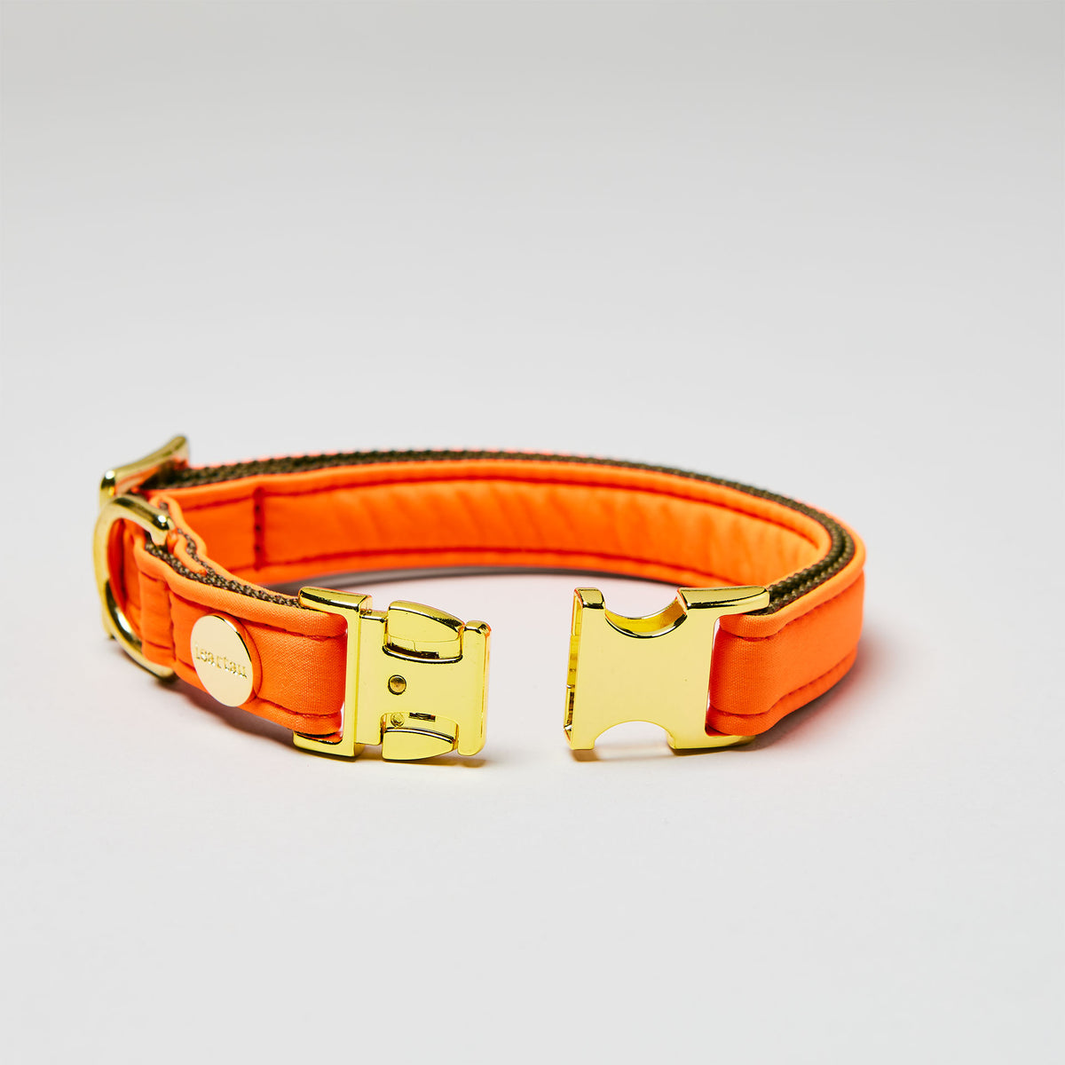 isartau Halsband Softie Neonorange-Oliv, goldene Beschläge, Detailansicht