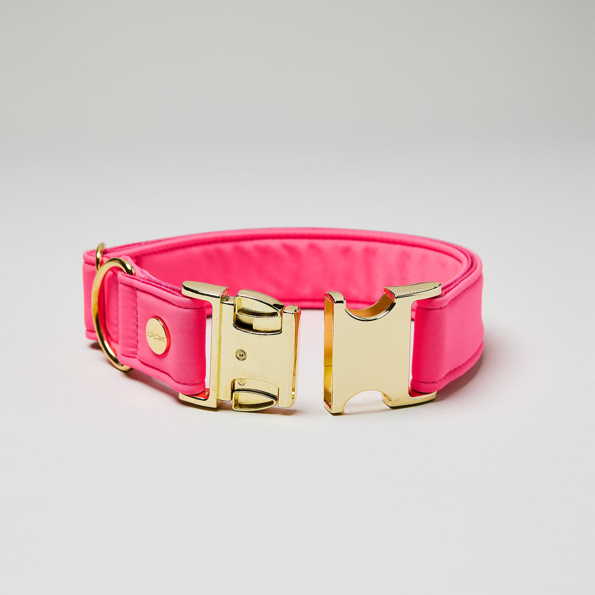 isartau Halsband Softie Neonpink, goldene Beschläge, Detailansicht