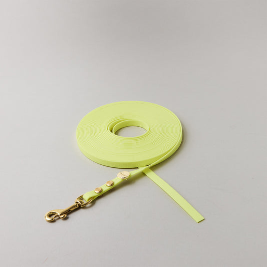 Schleppleine Neongelb, 9mm breit, Mini-Bolzenkarabiner aus Messing, ohne Handschlaufe