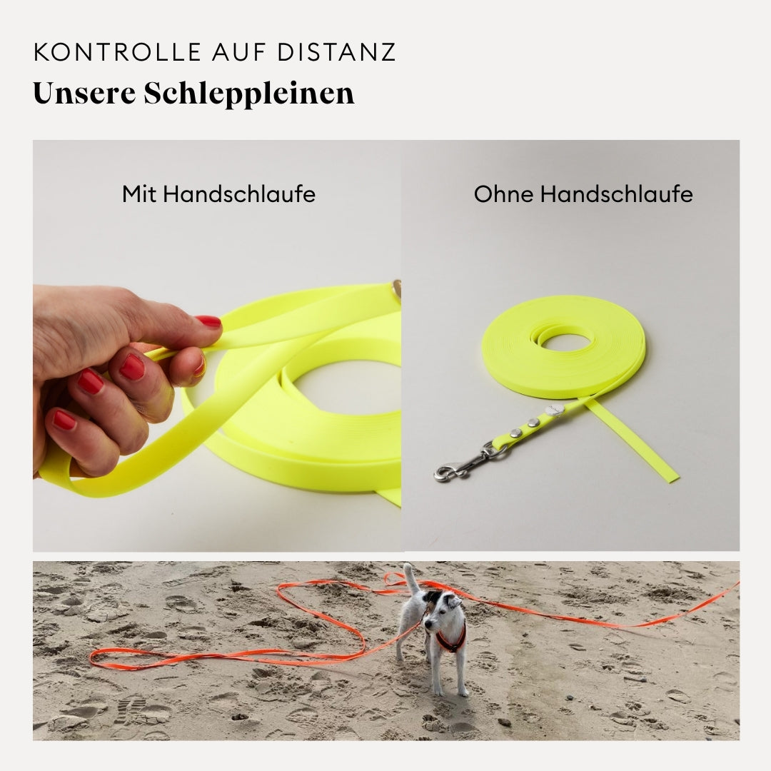 Neongelbe Schleppleine mit oder ohne Handschlaufe, wahlweise in 5m, 10m oder 15m