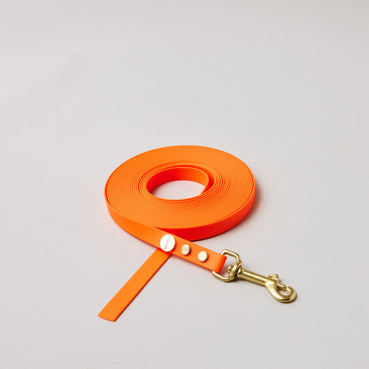 Schleppleine ohne Handschlaufe in Neonorange, Bolzenkarabiner aus Messing, 9mm breit, für Hunde bis 7 kg