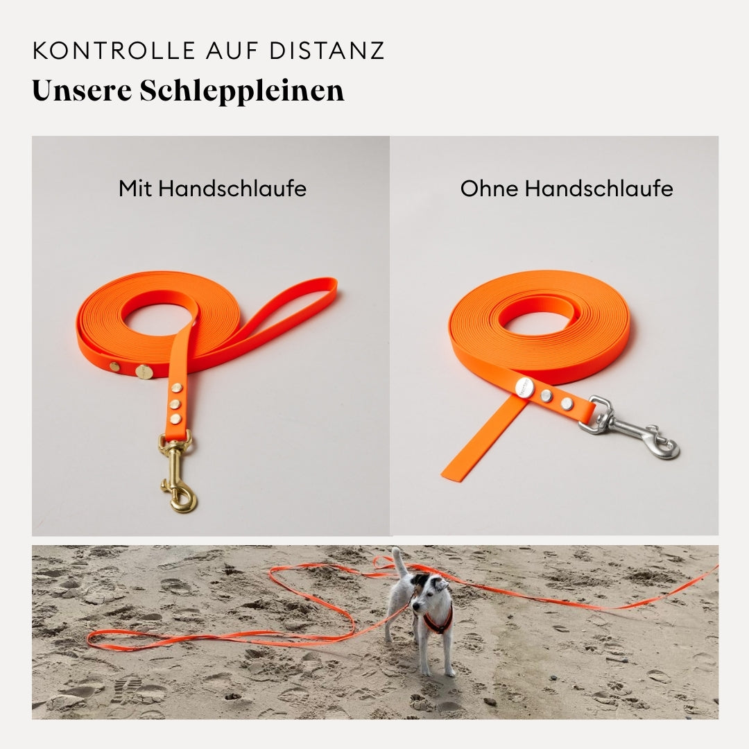 Neonorangene Schleppleine mit oder ohne Handschlaufe, wahlweise in 5m, 10m oder 15m