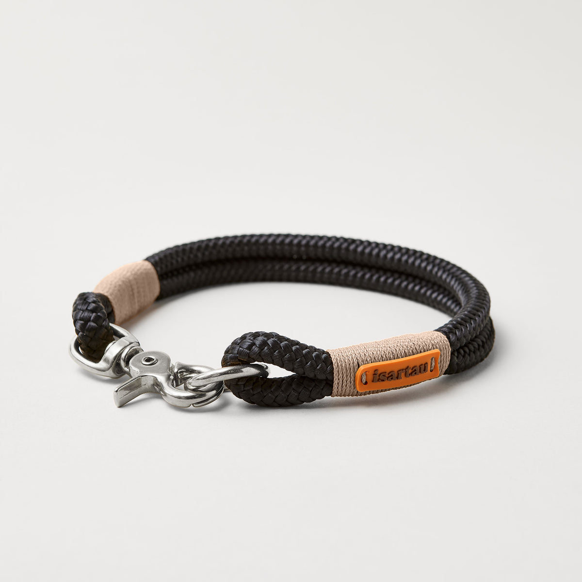 Tauhalsband feste Halsung Black Mamba Beige 10 mm silberne Beschläge schwarzes Tau mit beiger Takelung