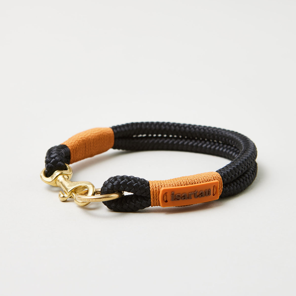 Tauhalsband Feste Halsung Black Mamba Rost Orange 8 mm, Messing-Beschläge, schwarzes Tau mit rost-oranger Takelung