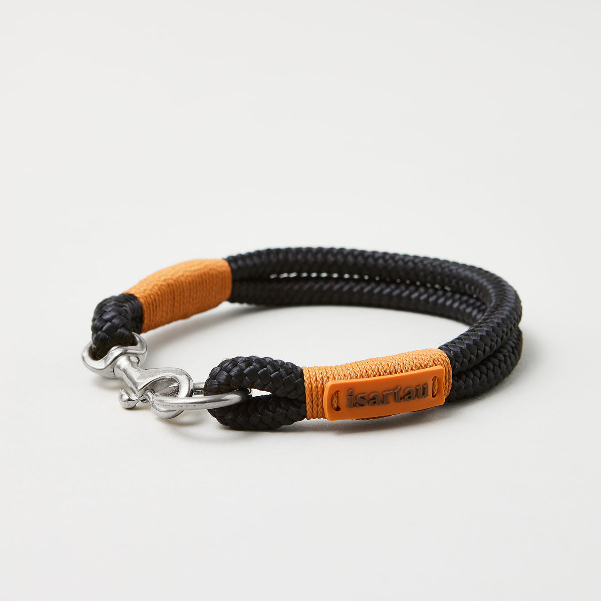 Tauhalsband Feste Halsung Black Mamba Rost Orange 8 mm, silberfarbene Beschläge, schwarzes Tau mit rost-oranger Takelung
