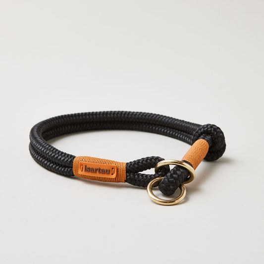 Tauhalsband Zugstopp Black Mamba Rost Orange 8 und 10 mm mit Messing-Beschlägen, schwarzes Tau mit rost-oranger Takelung