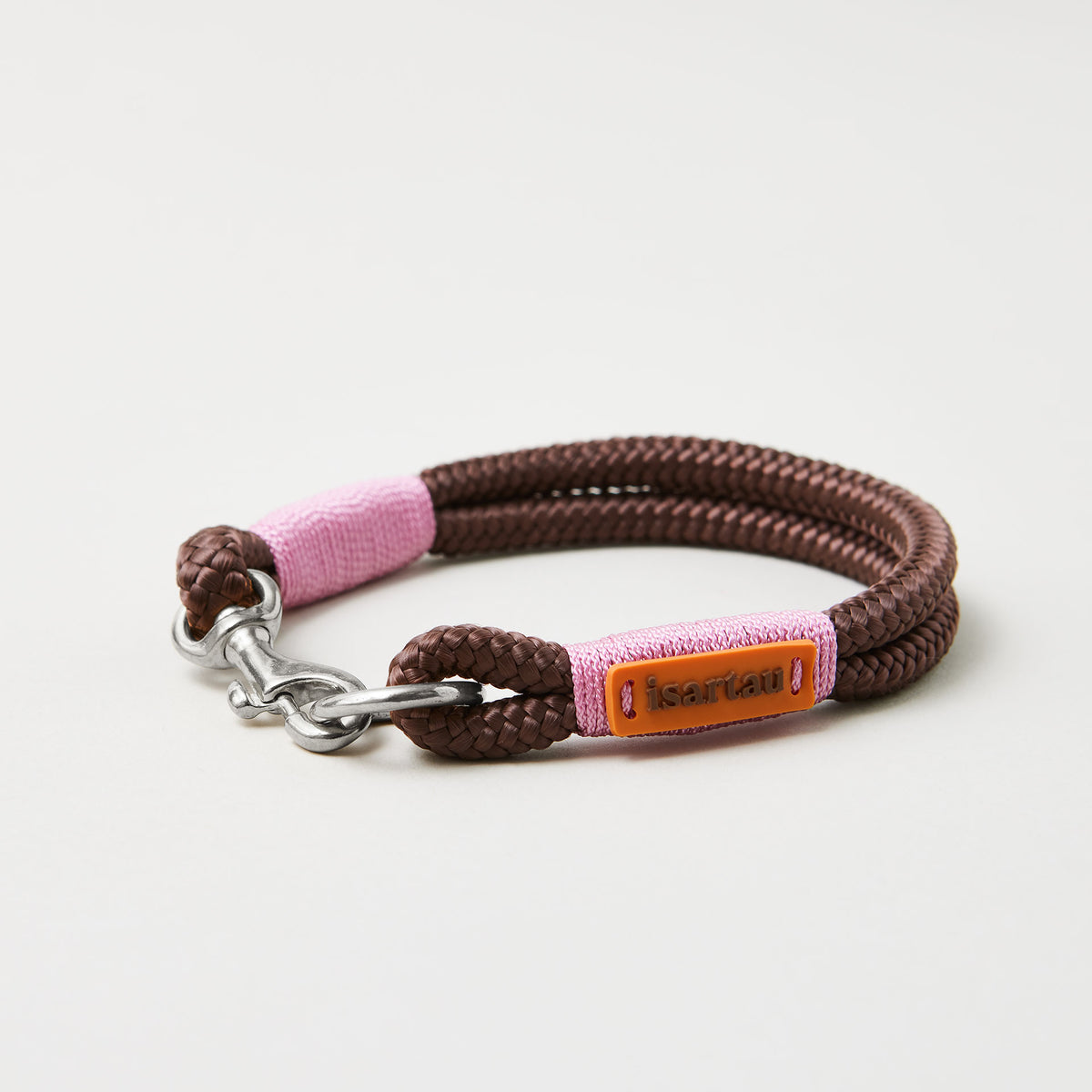 Tauhalsband Feste Halsung Classy Chestnut Rose 8 mm, silberfarbene Beschläge, braunes Tau mit rosafarbener Takelung