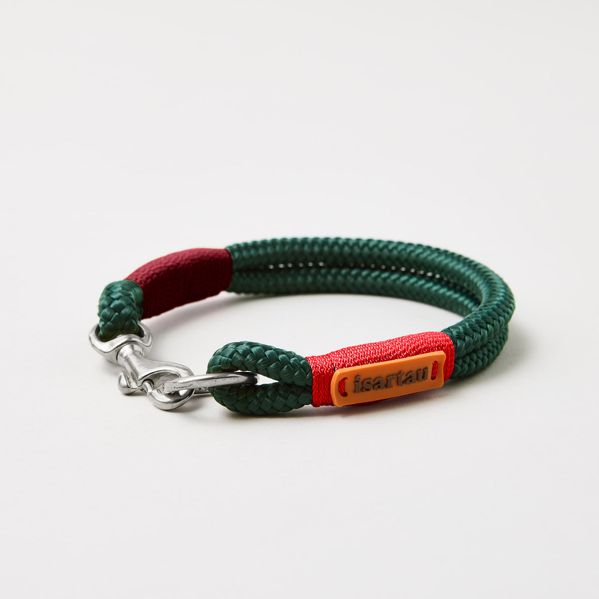 Tauhalsband Feste Halsung Evergreen Rot Burgunder 8 mm, silberfarbene Beschläge, dunkelgrünes Tau mit roter und burgunderfarbener Takelung