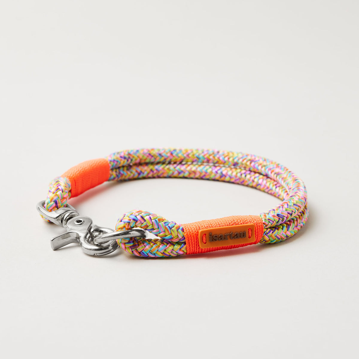 Feste Halsung aus Tau in der Farbe Easy Summer Neonorange, 10 mm mit silberfarbenen Beschlägen, buntes Tau mit neonoranger Takelung