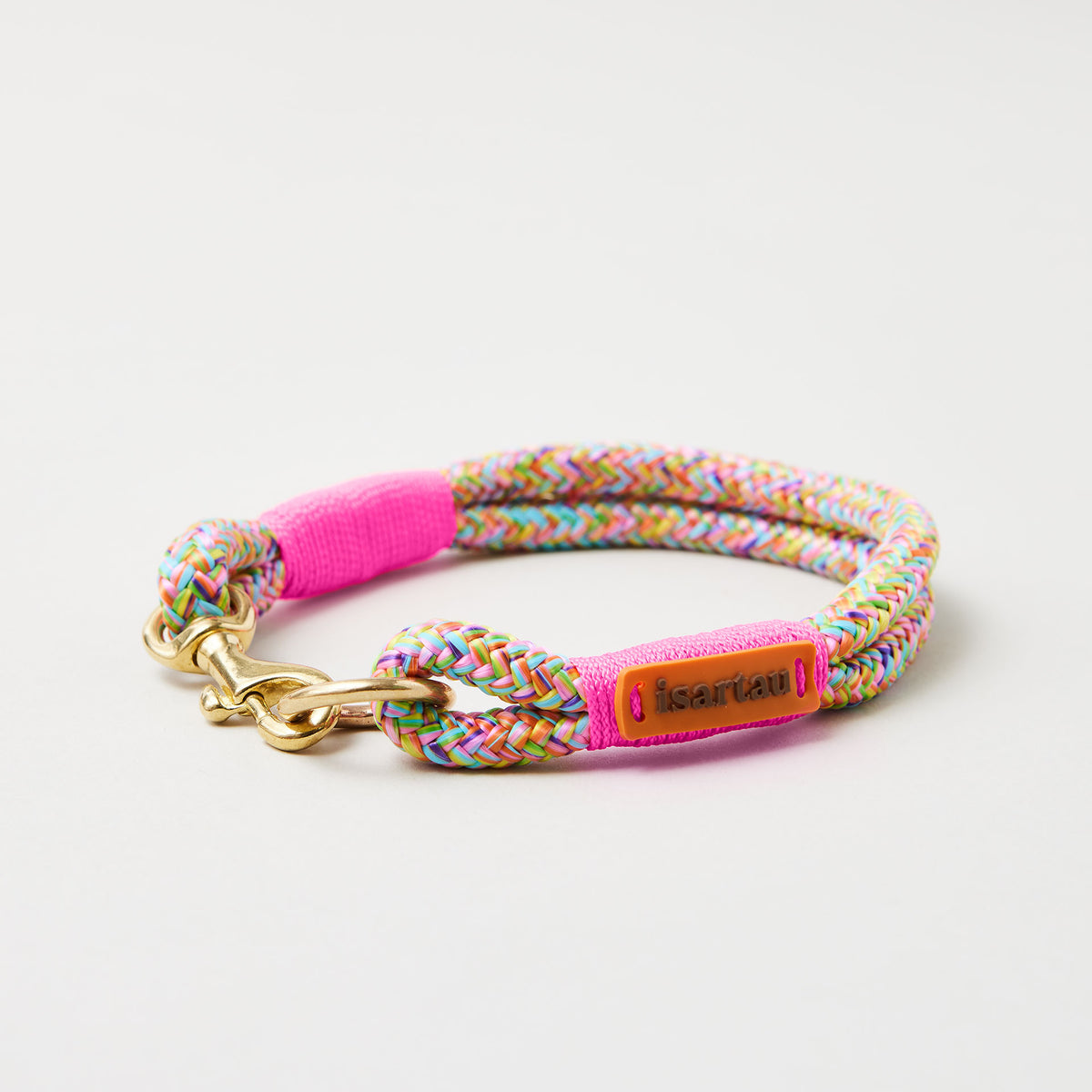 Hundehalsband Feste Halsung Easy Summer Neonpink 8 mm, Messing-Beschläge, buntes Tau mit neonpinker Takelung