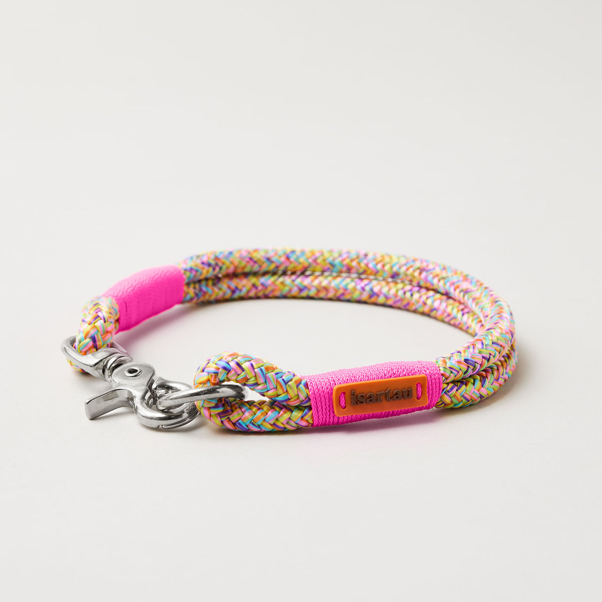 Feste Halsung aus Tau in der Farbe Easy Summer Neonpink, 10 mm mit silberfarbenen Beschlägen, buntes Tau mit neonpinker Takelung