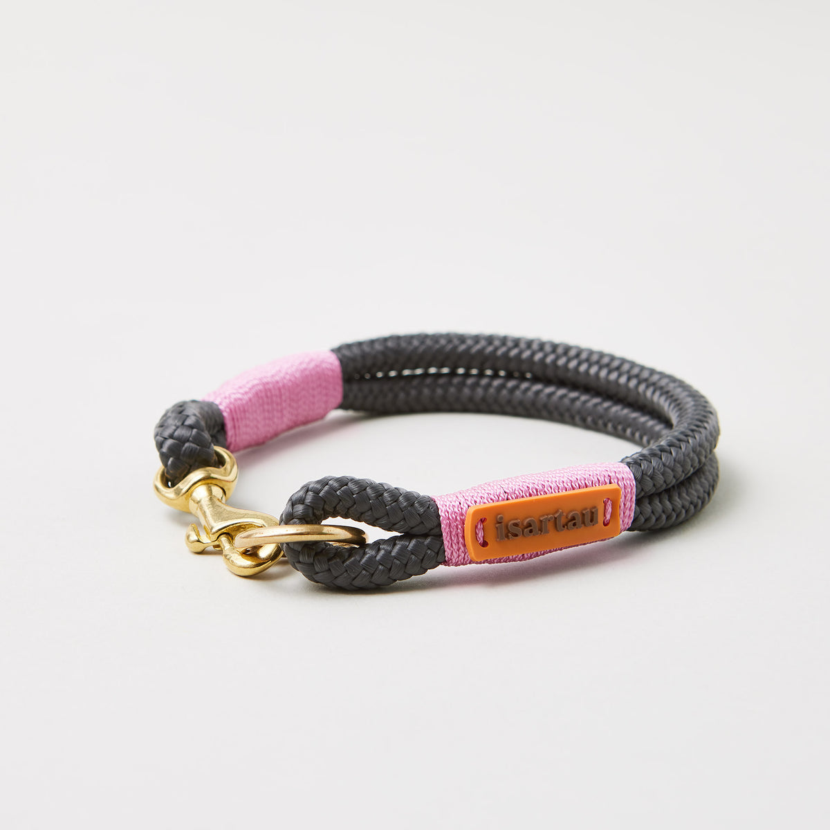 Hundehalsband Feste Halsung Heavens Rock Rose 8 mm, Messing-Beschläge, dunkelgraues Tau mit rosafarbener Takelung