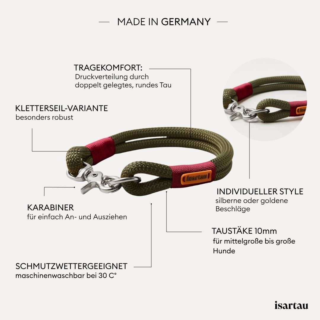 isartau Tauhalsband Olive Grove Burgunder, feste Halsung, Kletterseil, Produktdetails