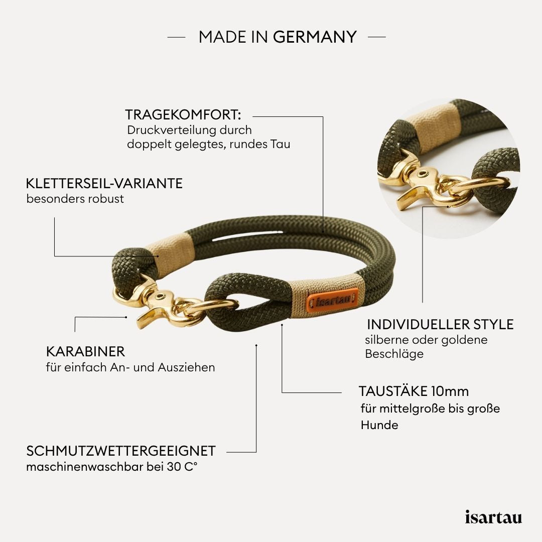 isartau Tauhalsband Olive Grove Gold, feste Halsung, Kletterseil, Produktdetails
