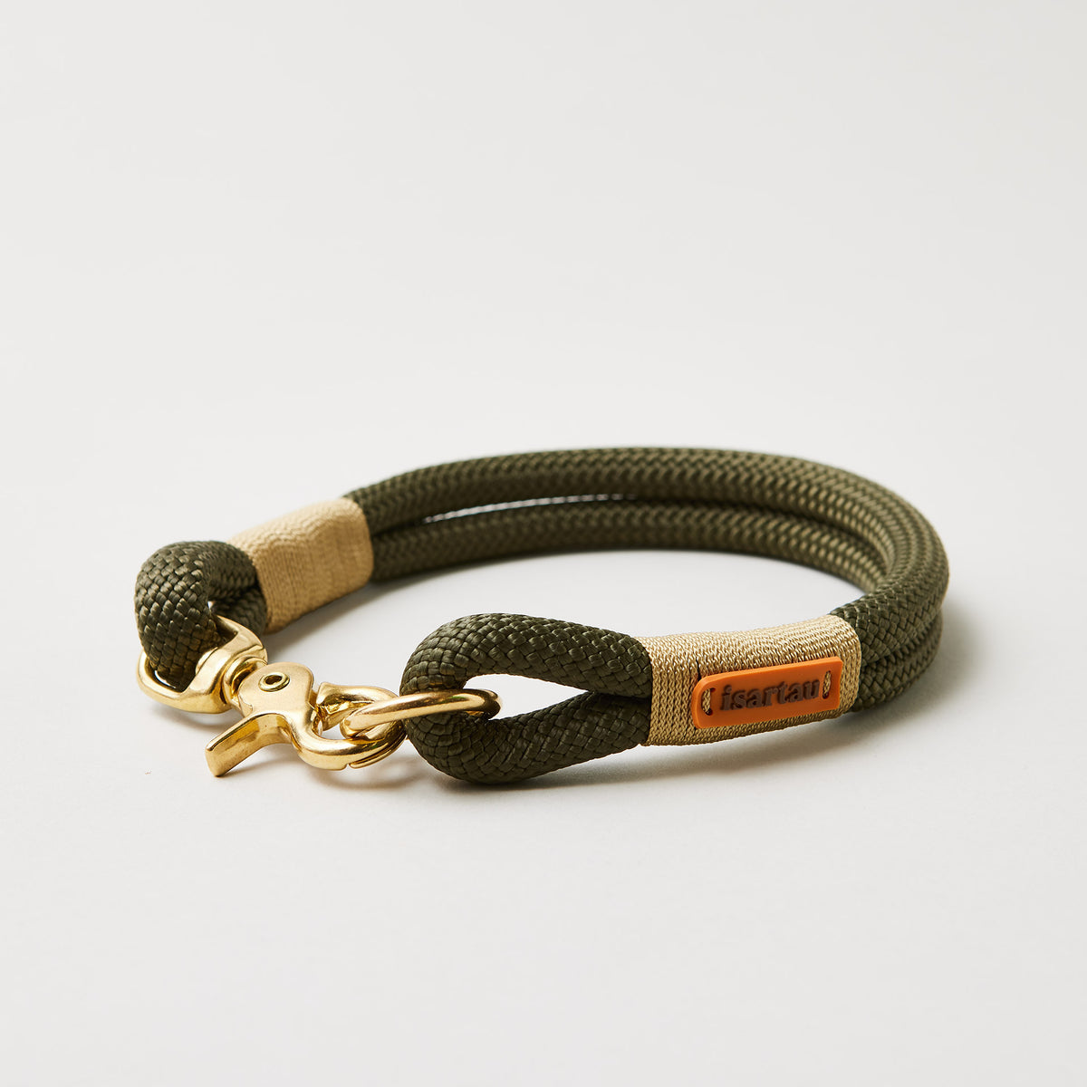 Hundehalsband Olive Grove Gold 10 mm mit Messing-Beschlägen, olivgrünes Kletterseil mit goldfarbener Takelung