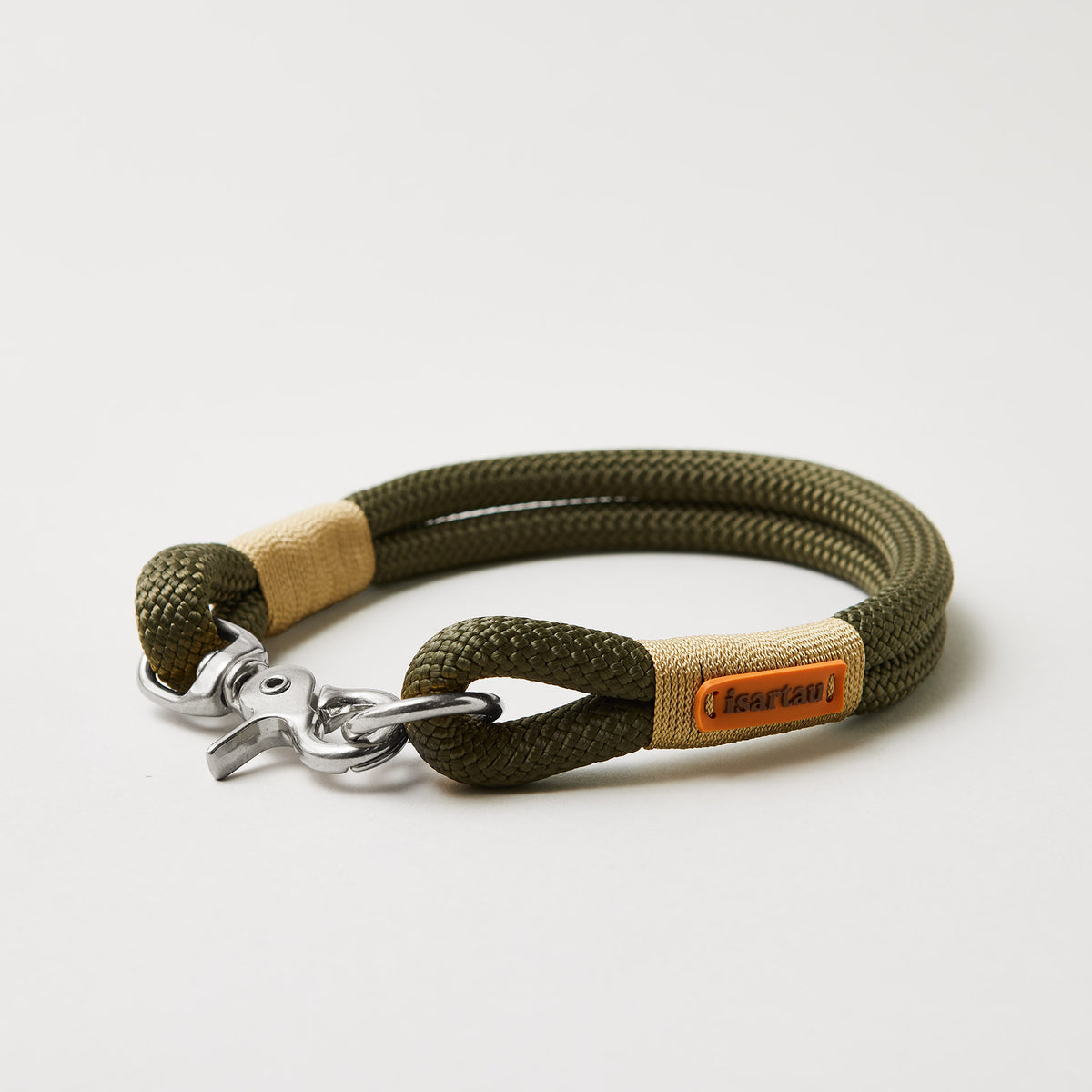 Hundehalsband Olive Grove Gold 10 mm mit silbernen Beschlägen, olivgrünes Kletterseil mit goldfarbener Takelung
