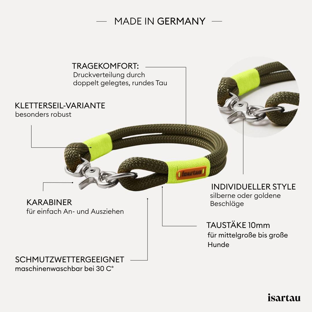 isartau Tauhalsband Olive Grove Neongelb, feste Halsung, Kletterseil, Produktdetails