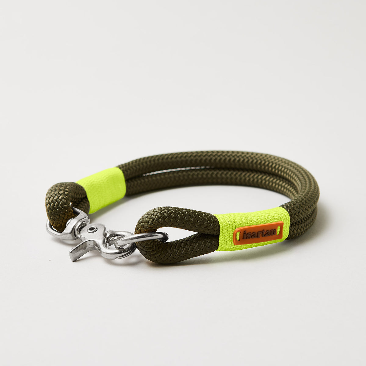 Hundehalsband Olive Grove Neongelb 10 mm mit silbernen Beschlägen, olivfarbenes Kletterseil mit neongelber Takelung
