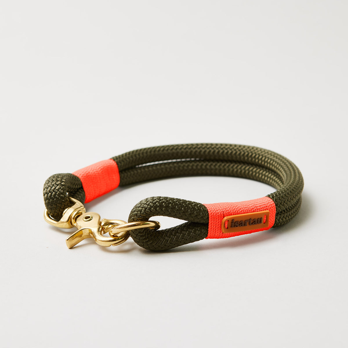 Hundehalsband Olive Grove Neonorange 10 mm mit Messing-Beschlägen, olivfarbenes Kletterseil mit neonoranger Takelung